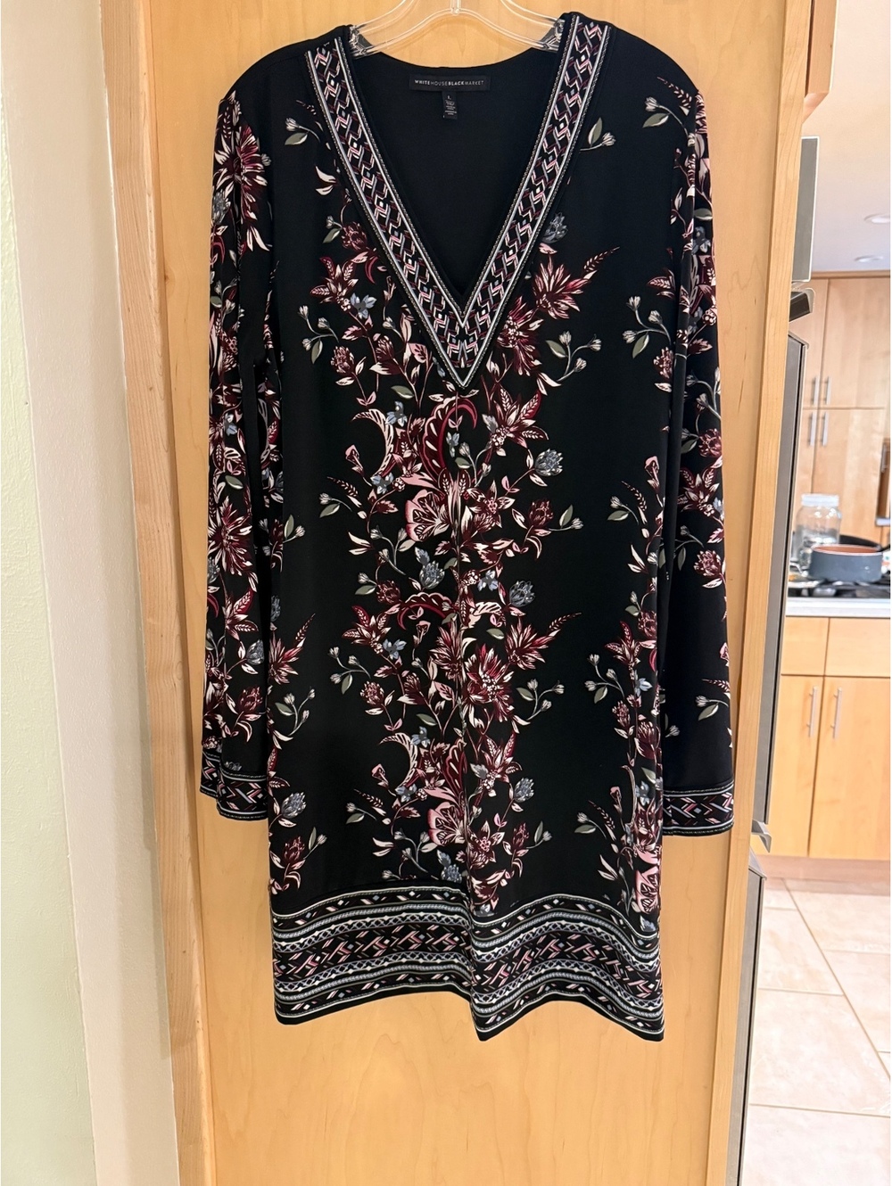 White House Black Market Floral Shift Dress Large V-Neck Long Sleeve Boho - Picture 8 of 9